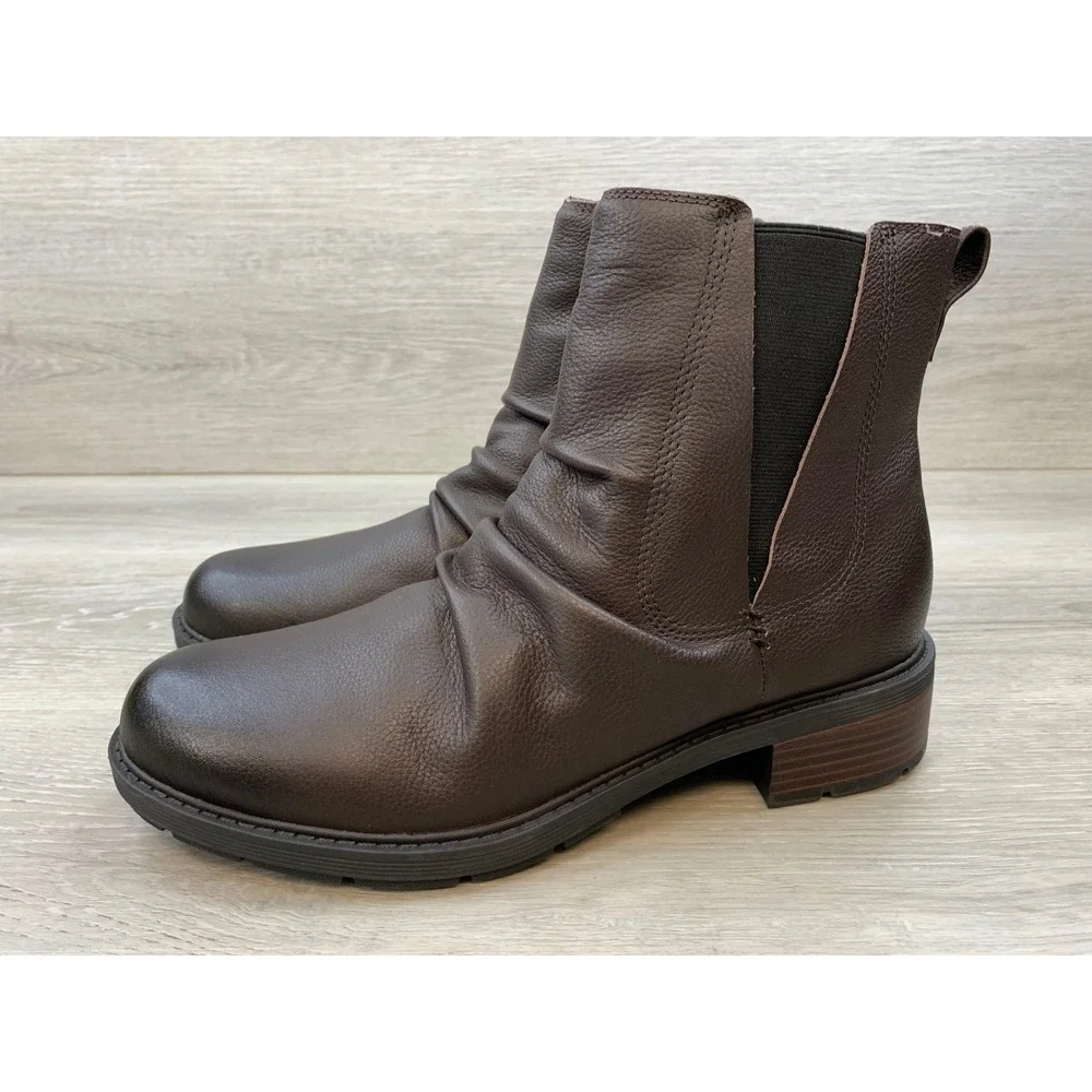 Clarks Hearth Women's Ankle Boots Brown Ruched Leather 11 Comfort Shoes